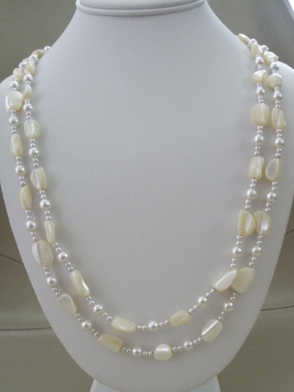 Vintage Shell or Mother of Pearl Beads and Faux Pearls Long Necklace Flapper 50"